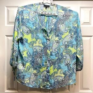 Lane Bryant Plus Size 22/24 Paisley Tassel Tie-neck Blouse Blue & Lime Green